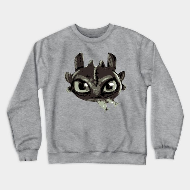 Chibi Black Dragon With Green Eyes Eating Fish - Eyesasdaggers Crewneck Sweatshirt by eyesasdaggers